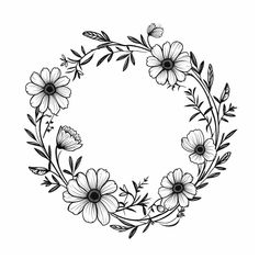 a black and white drawing of flowers in the shape of a circle with leaves on it