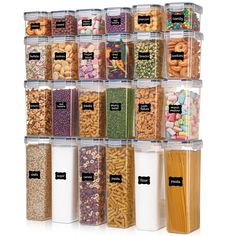 a stack of plastic containers filled with different types of cereals and pastasticks