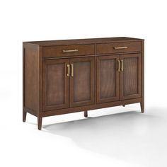 the sideboard is made from wood and has two doors, one with gold handles