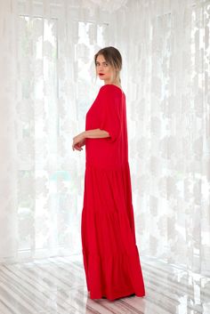 "Red Valentine Dress, Red Maxi Dress, Kaftan Dress, Plus Size Dress, Maternity Dress, Summer Boho Dress, Ruffle Dress, Loose Maxi Dress, Gift One of the most beautiful pieces from our New 2020 Collection! Adorable bohemian dress decorated light viscose fabric - the perfect fabric for hot summer days and nights ! This boho maxi dress is cut in a floor-sweeping length and queenly maxi fit. The boho style is the top Trend for SUMMER ! This amazing dress is also a perfect piece of plus size clothing Red Short Sleeve Dress For Christmas, Red Short Sleeve Christmas Dress, Red Short Sleeve Maxi Dress For Party, Red Flowy Maxi Dress For Holiday, Red Short Sleeve Rayon Dress, Flowy Maxi Dress For Holiday, Flowy Short Sleeve Dress For Holiday, Flowy Short Sleeve Holiday Dress, Red Maxi Dress For Holiday