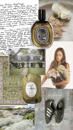 the collage is full of different images including flowers, shoes and an old letter