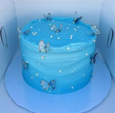 there is a blue cake with butterflies on it