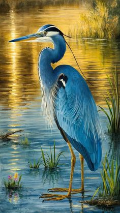 a painting of a blue heron standing in the water