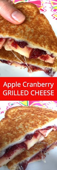 two pictures of a grilled cheese sandwich with the words apple cranberry grilled cheese