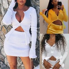 Skirt Suit Long Sleeve Crop Tops + mini Skirt – 24Lazada Casual Beach Wear, How To Make Skirt, Women Shirt Top, Zipper Skirt, Skirt And Top Set, Winter Skirt, Outfits Women, Long Sleeve Crop, Casual Sets