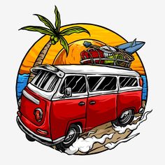 an old van with surfboards on the roof is driving along the beach at sunset