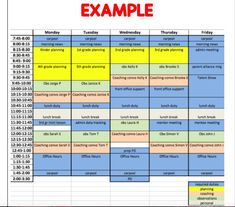 a calendar with the dates and times for each event in red, yellow and blue