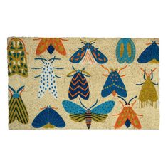 a door mat with bugs on it in various colors and patterns, including blue, yellow, orange, green, red