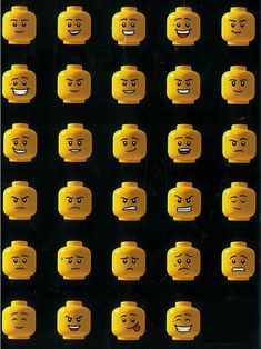 many yellow legos with different faces and mouths