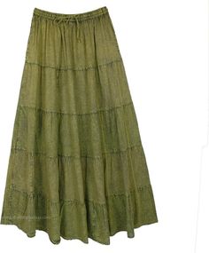 A stonewashed solid green skirt with tiers, this long maxi skirt could look understated but could be a great choice for maxi-style country wear, or cottage core aesthetic. It has an elastic drawstring waist and pockets on either side, handy for storing essentials. #tlb #TieredSkirt #MaxiSkirt #bohemianfashion #Cottonskirt #LongSkirt Patterned Maxi Skirt, Green Cotton Gathered Maxi Skirt, Green Cotton Maxi Skirt With Gathered Detail, Green Tiered Maxi Skirt For Spring, Green Tiered Maxi Skirt For Summer, Casual Green Tiered Skirt, Casual Green Tiered Bottoms, Peasant Style Ruffled Maxi Skirt, Bohemian Style Solid Color Gathered Maxi Skirt