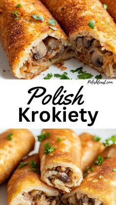 some food that is cut in half and on a plate with the words polish krokety