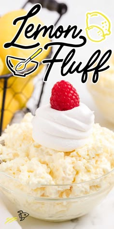 lemon fluff with whipped cream and raspberries in a bowl