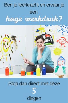 a woman sitting in front of a table with paint on it and the words stop dan direct