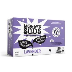 the lavender soap bar is packaged in a purple box with white stars on it and black lettering