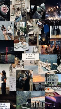 a collage of photographs with people and buildings