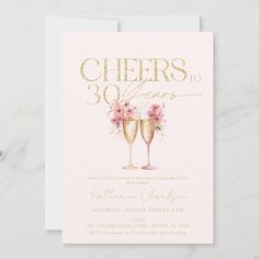 a pink and gold 30th birthday card with two champagne glasses on top of each other