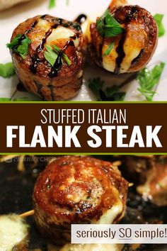 stuffed italian flan steak is served on skewers