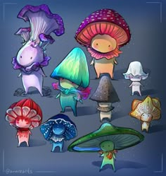 an image of cartoon mushrooms with different colors and shapes on them, all grouped together