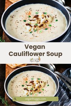 two bowls of vegan cauliflower soup on a wooden table