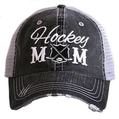 a black and white trucker hat with the words hockey mom on it's front