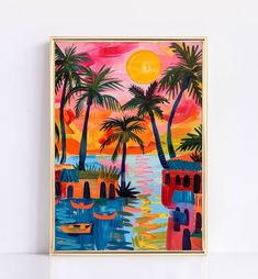 a painting on a wall with palm trees and boats in the water under a sunset