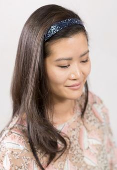 Easy hairstyle, but pretty enough for prom! Gorgeous headband with sparkling dark blue stones. She glows in Lilla Rose! Megan Hairband. Quick and easy hairstyles for shoulder length hair. #headbands #hairaccessories #hairstyles Blue Hairband, Simple Prom Hair, Roll Hairstyle, Easy Hairstyles For Medium Hair, Long Hair Updo