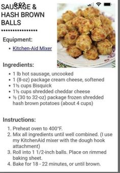 the recipe for sausage and hash browns balls is shown on a plate with instructions to make it