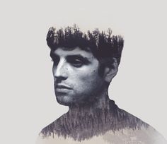 a man's face with trees growing out of his head and hair in the background