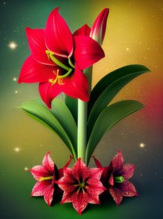 two red flowers with green leaves and sparkles in the background