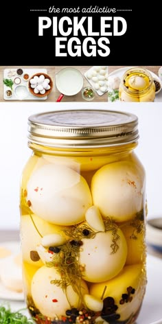 pickled eggs in a mason jar with text overlay