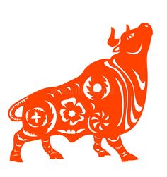 red paper cut art of a bull with flowers on it's tail and horns