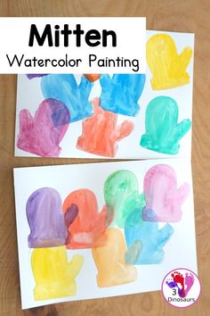 two watercolor paintings with the words mitten painted on them