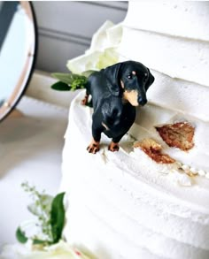 a small black and tan dachshund figurine on top of a white cake