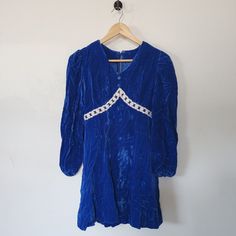 Vintage 70s Handmade Gogo Velvet Blue Dress Lace  Measurements Laying Flat: Pit to Pit: 16.5"  Waist: 17" Hips: 25" Length: 32" Ships USPS From a Smoke Free Home Retro Blue Mini Dress, Vintage Blue Mini Dress For Summer, Blue Retro Mini Dress For Party, Retro Blue Mini Dress For Party, Blue Fitted Retro Vintage Dress, Blue Long Sleeve Vintage Dress For Summer, Blue Fitted Vintage Dress, Vintage Fashion Blue Lined Dresses, Retro Blue Vintage Dress For Spring