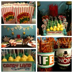 a collage of pictures with candy land and lemons in buckets, candies on sticks