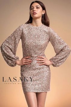 Lasaky - Sequin Mini Dress with Long Sleeves and Round Neckline Sequin Christmas Dress, Winter Party Outfit, Gaun Fashion, 파티 드레스, Ranveer Singh, Party Dress Long Sleeve, Christmas Party Dress, Holiday Party Dresses, Hip Dress