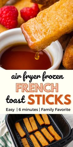 air fryer french toast sticks with syrup and raspberries on the side in front