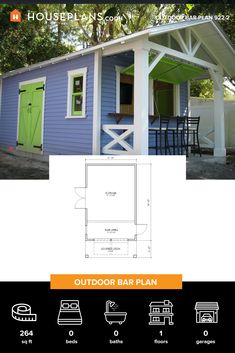 a blue and white house with green doors on the front, and an outdoor bar plan below