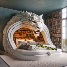 a bed with a white tiger head on it and bookshelves in the background