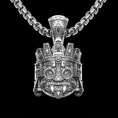 .925 Sterling Silver. Height is 30mm (1.181"), Width is 25mm (0.98"). Bail fits 8.9mm chain. Aztec deity Tlaloc is that he was associated with both life-giving and destructive aspects of water. Tlaloc was the god of rain, fertility, and water, and he played a crucial role in Aztec mythology and religious practices. Tlaloc was often depicted with goggle-like eyes and fangs, and he was sometimes shown with a headdress resembling a mountain or a stepped pyramid. His dual nature is reflected in the