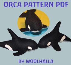 two stuffed orca whales are shown in front of an image with the words orca pattern