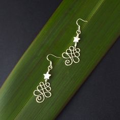 a pair of silver earrings sitting on top of a green plant leaf next to a black background