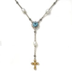 Konstantino Women's Blue Topaz Rosary Necklace, 16 IN Sterling Silver & 18 K Gold SKU: KOMK4765-175-16 Pearl, Blue Topaz Lobster Clasp Length 16 IN, 3 1/4 IN Drop. Luxury White Gold Blue Topaz Necklace, Luxury White Blue Topaz Jewelry, Rosary Necklace, Cross Jewelry, Cross Pendant Necklace, Beautiful Gifts, Rosary, Cross Pendant, Blue Topaz