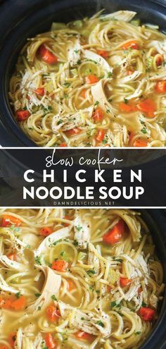 slow cooker chicken noodle soup in a crock pot