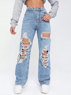 Women's Pocket Detail Distressed Straight Loose Casual Denim Pants Light Wash Casual   Denim Plain Straight Leg Non-Stretch  Women Clothing, size features are:Bust: ,Length: ,Sleeve Length: Ripped Straight Leg Jeans, Mom Denim, Casual Denim Pants, Jeans Mom, Jeans Casual, Ripped Denim, Women Denim Jeans, Jeans Boyfriend, Inspiration Mode