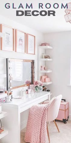 a white desk and chair in a small room with pink rugs on the floor