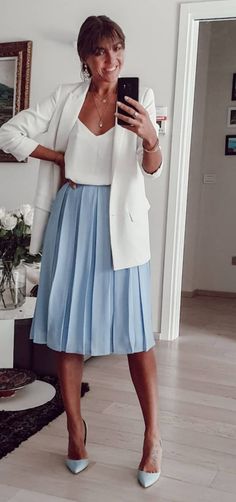 Baby blue skirt with blazer Blue Blazer And Skirt Outfit, Pastel Blue Skirt Outfit, Blue A Line Skirt Outfit, Midi Skirt With Blazer Outfit, Light Blue Midi Skirt Outfit, White And Blue Skirt Outfit, Light Blue Skirt Outfit Ideas, Sky Blue Skirt Outfit, Light Blue Pleated Skirt Outfit