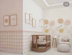 a baby's room decorated in pink and white