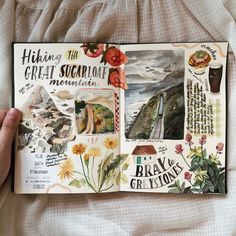 someone is holding an open book with pictures and words on it that include mountains, flowers, plants, and other things