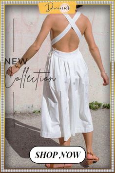 Halter Square Neck Backless Midi Dress Chic Backless Summer Dress, Backless Midi Dress For Vacation, White Backless Dress For Day Out, Elegant Backless Sundress For Date Night, Summer Backless Midi Dress For Date Night, Elegant Backless Midi Dress For Vacation, Chic White Midi Dress With Tie Back, Chic Backless Midi Beach Dress, Chic Backless Midi Dress For Beach